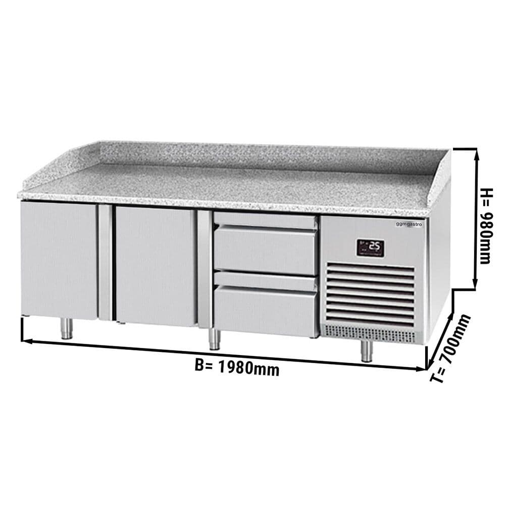 Pizza preparation table Premium PLUS- 1980x700mm- with 2 doors & 2 drawers 