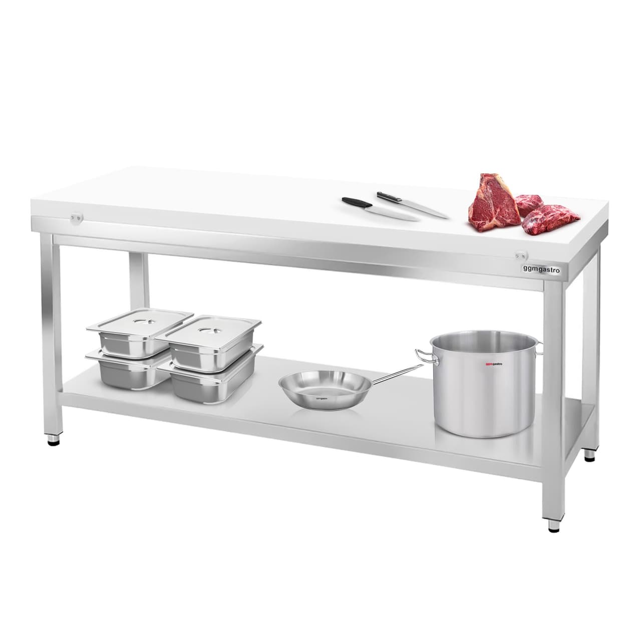 Worktable PREMIUM stainless steel - 1500x800mm - with undershelf without backsplash incl. cutting plate