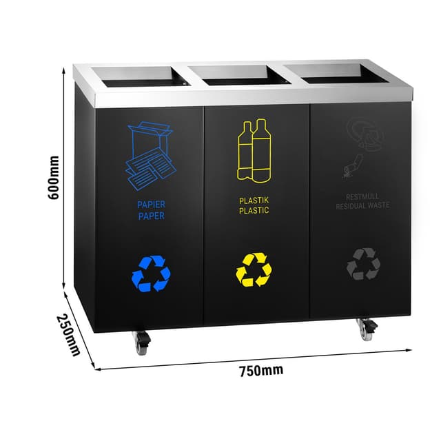 Mülltrennsystem mit 3 Fächern - 4 Rollen - Edelstahl