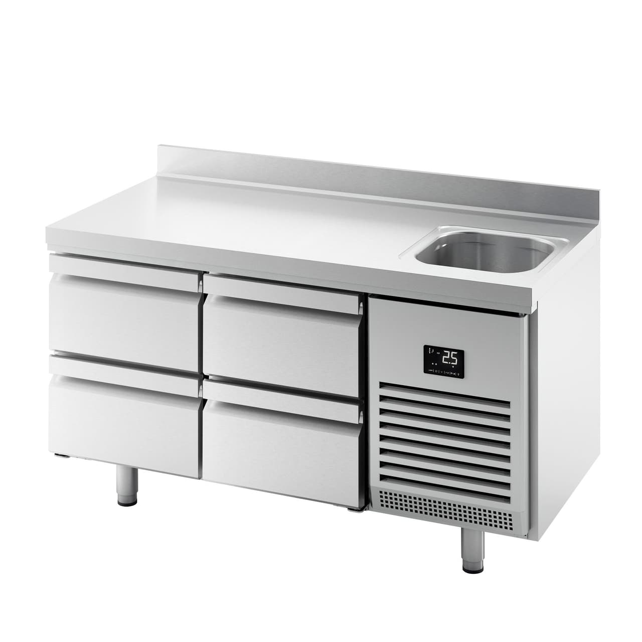 Refrigerated counter Premium PLUS - 1468x600mm - with 1 sink, 4 drawers & backsplash