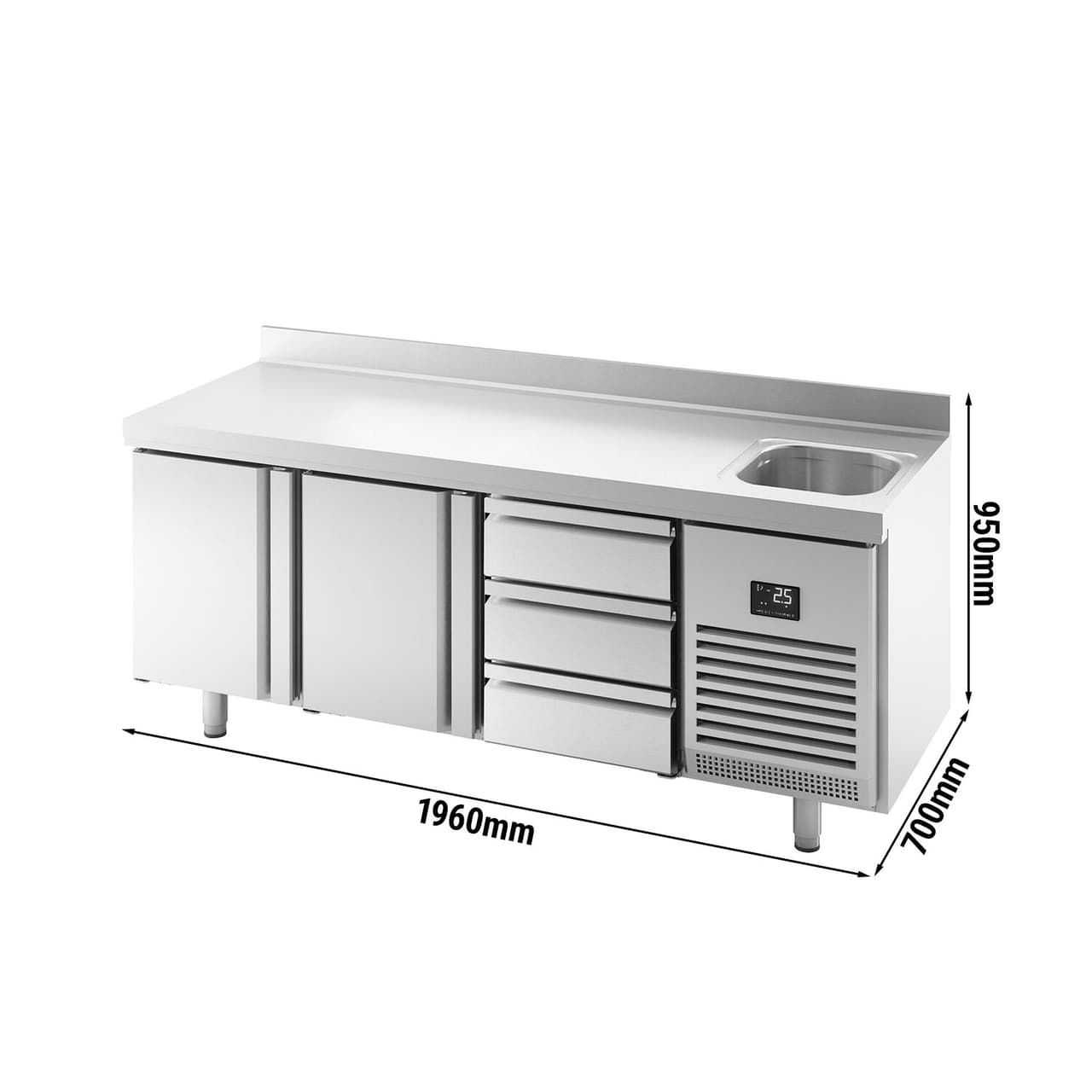 Refrigerated counter Premium PLUS - 1960x700mm - with 1 sink, 2 doors, 3 drawers & backsplash