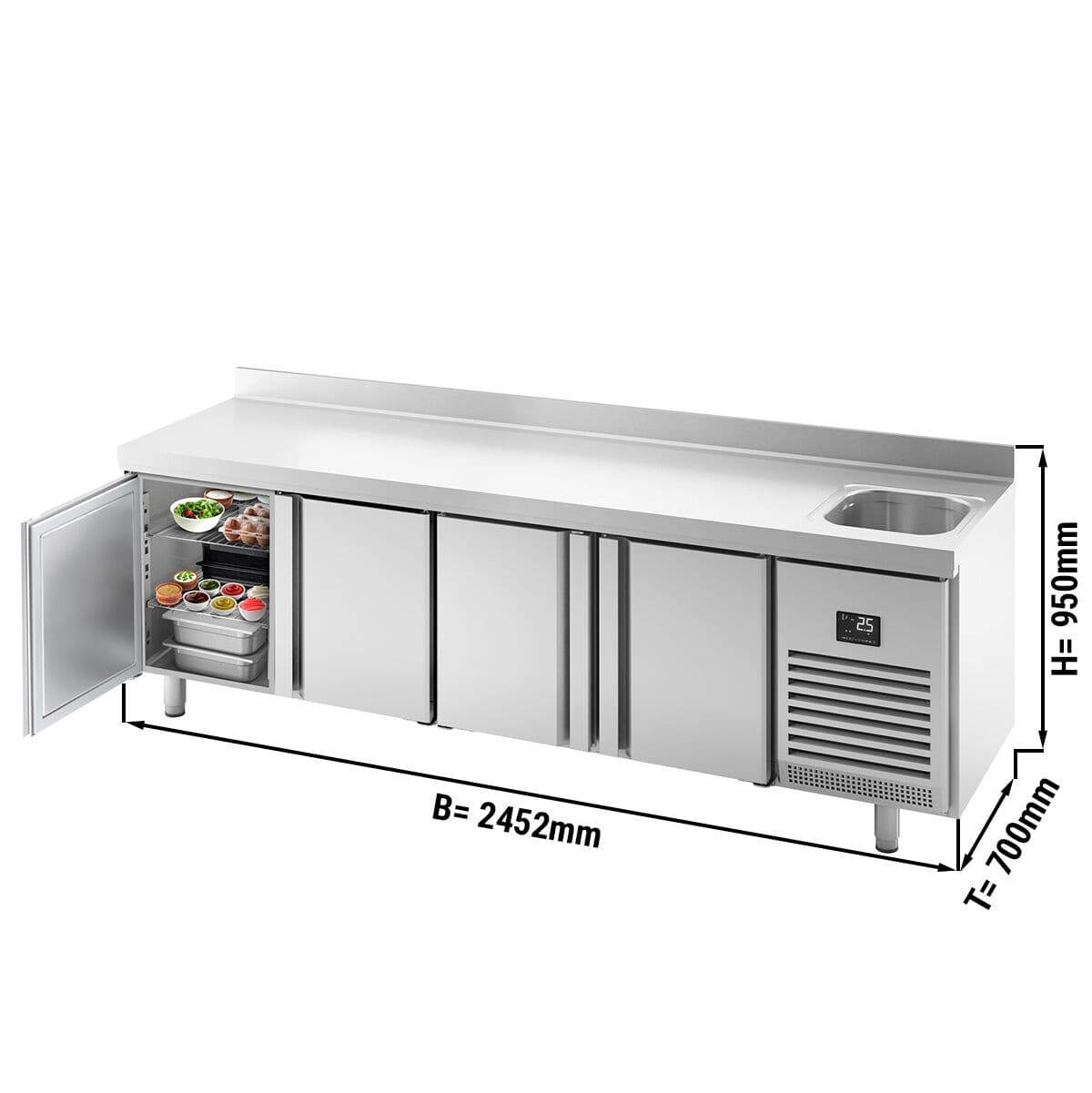 Refrigerated counter Premium PLUS - 2452x700mm - with 1 sink, 4 doors & upstand