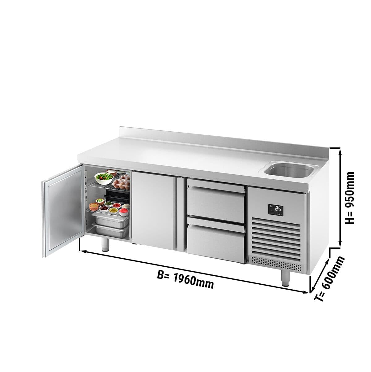 Refrigerated counter Premium PLUS - 1960x600mm - with 1 sink, 2 doors, 2 drawers & backsplash