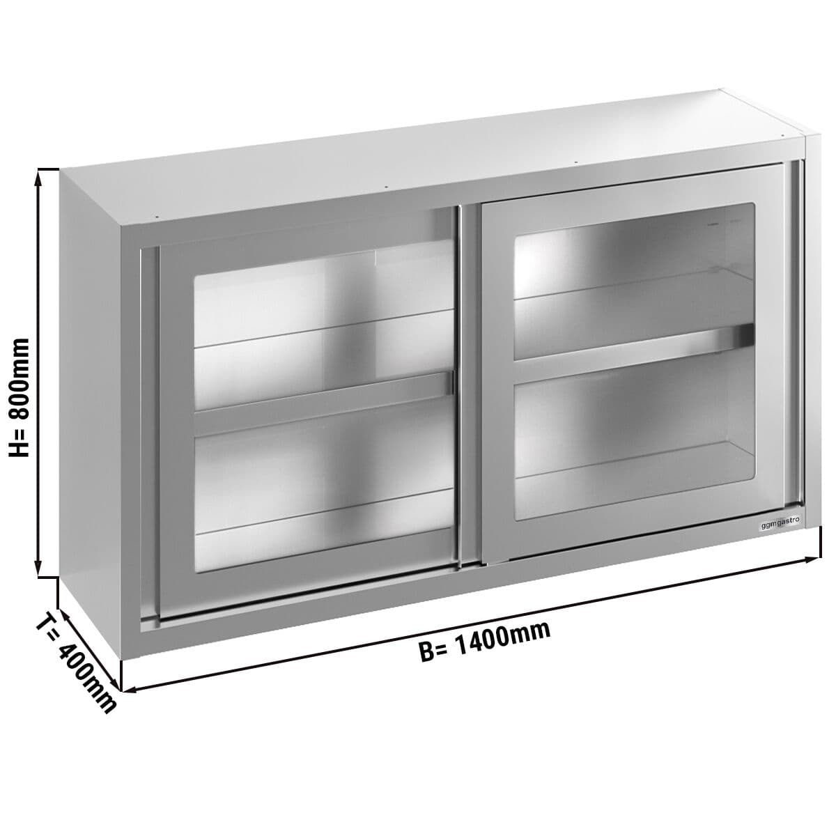 Stainless steel wall cabinet - 1400x400mm - with sliding glass door - 800mm high