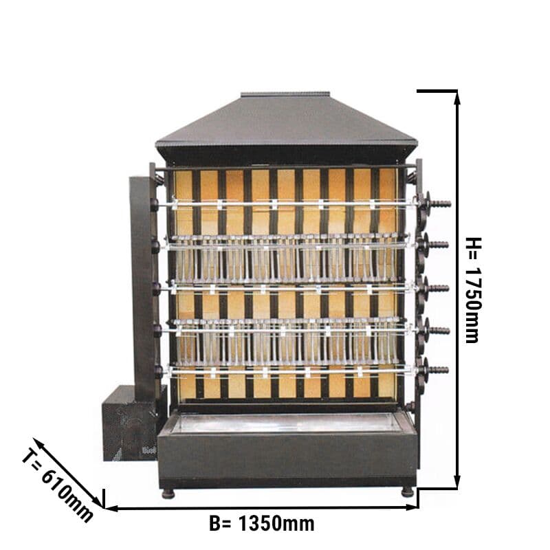 Gril na dřevěné uhlí s 5 rožni pro 30 kuřat - 1450 x 610 x 1750 mm