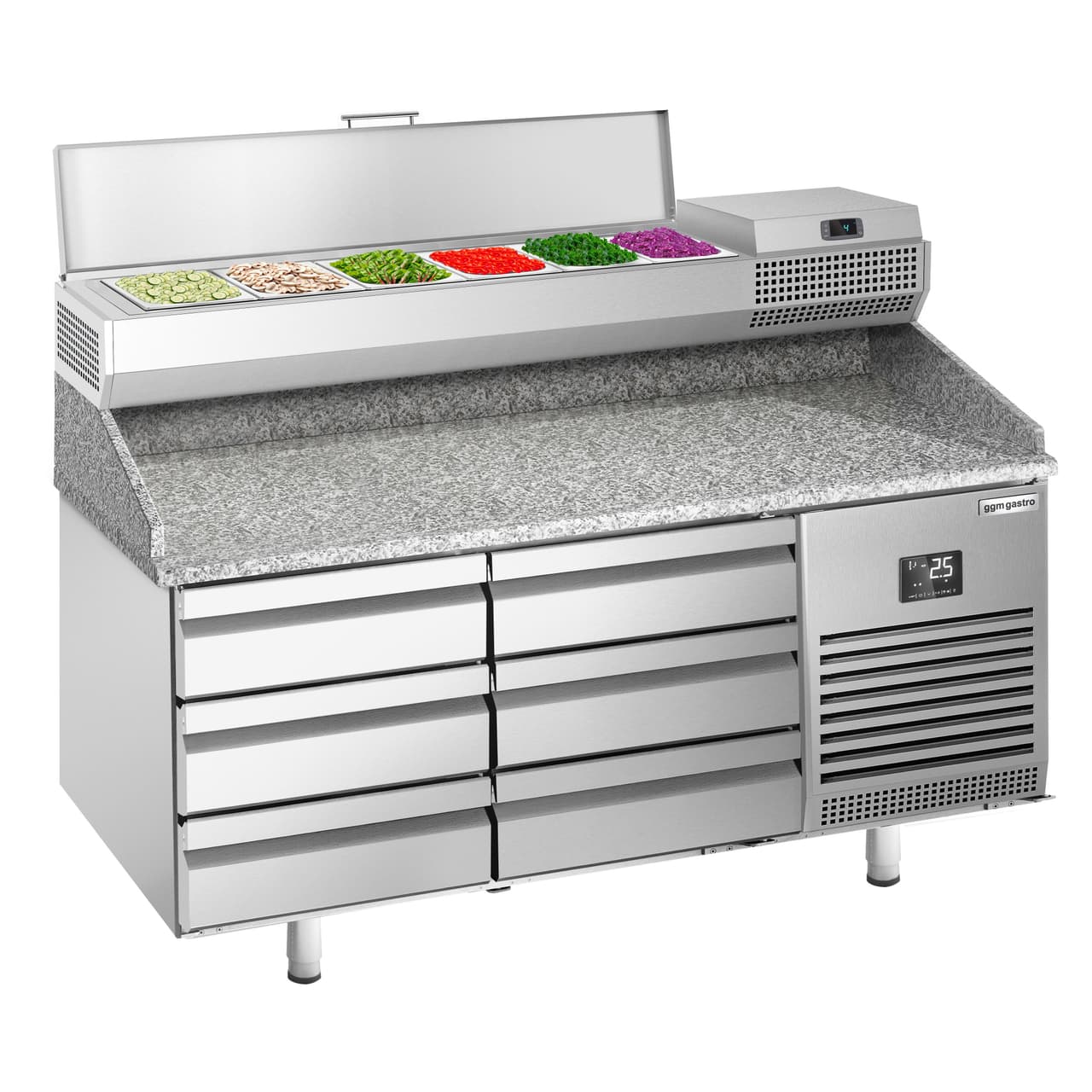 Pizza preparation table Premium PLUS- 1490x700mm - with 6 drawers - incl. refrigerated display case - 6x GN 1/4