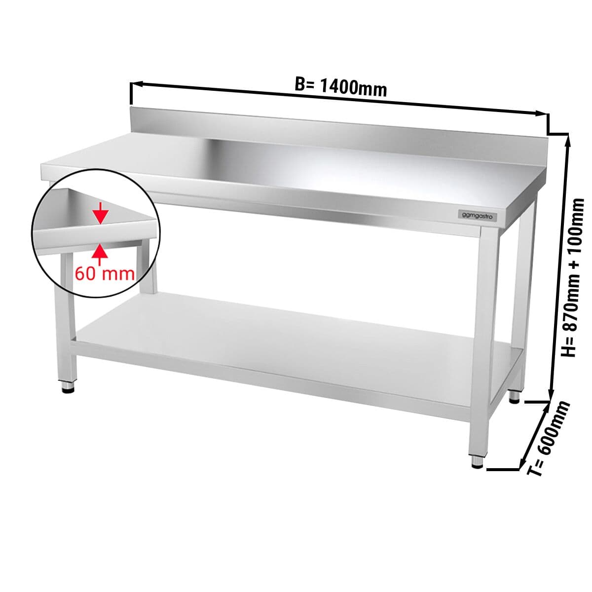 Edelstahl Arbeitstisch PREMIUM - 1400x600mm - mit Grundboden & Aufkantung