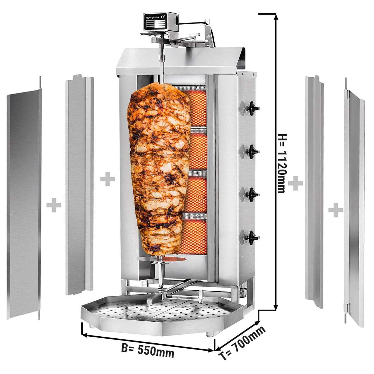 Gril na gyros/kebab - 4 hořáky - max. 60 kg - vč. ochranného plechu a křídlových dvířek