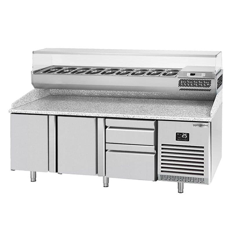 Pizza preparation table Premium PLUS - 1980x700mm - with 2 doors & 2 drawers - incl. refrigerated display case - 9x GN 1/4