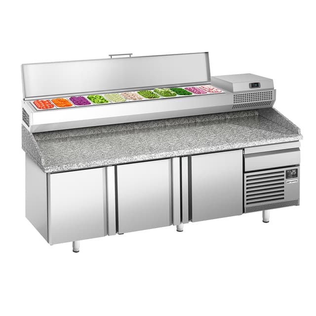 Pizza preparation table Premium PLUS- 2305x800mm - with 3 doors - incl. refrigerated display case - 11x GN 1/4