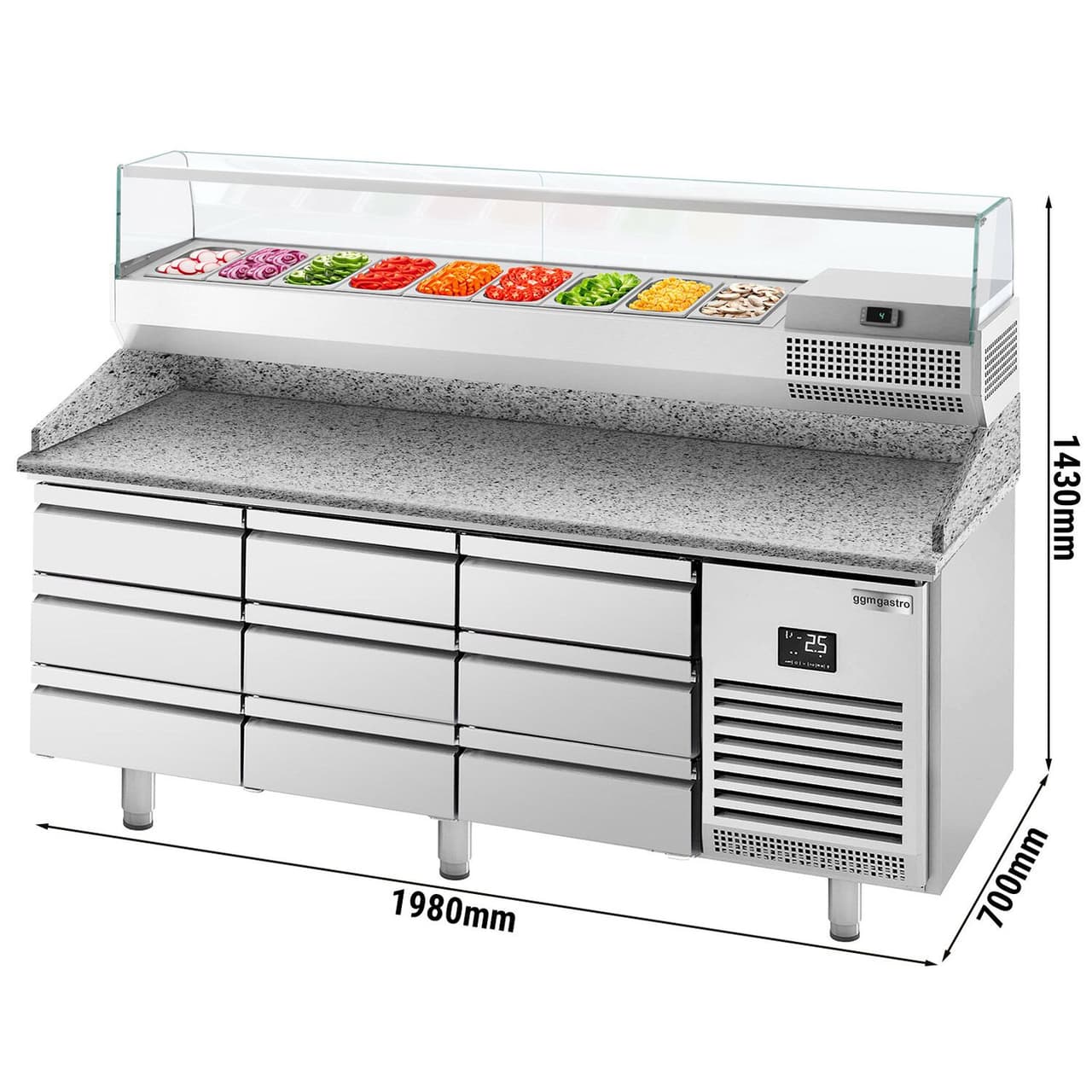 Pizza preparation table Premium PLUS - 1980x700mm - with 9 drawers - incl. refrigerated display case - 9x GN 1/4