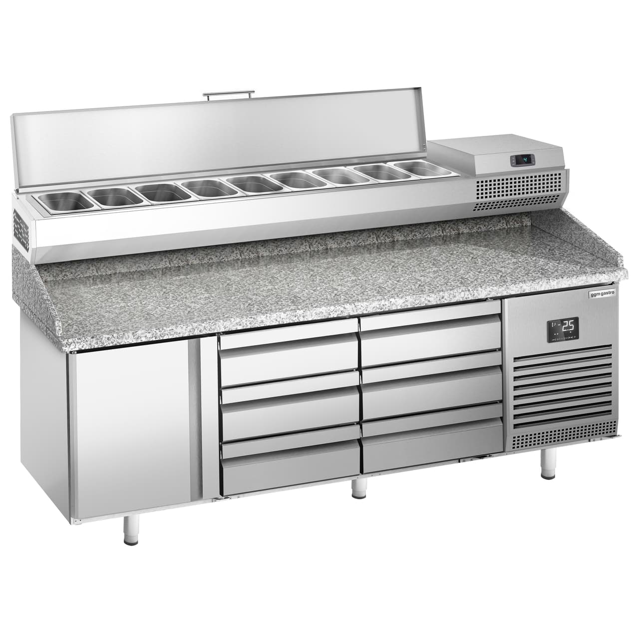 Pizza preparation table Premium PLUS- 1980x700mm - with 1 door & 6 drawers - incl. refrigerated display case - 9x GN 1/4