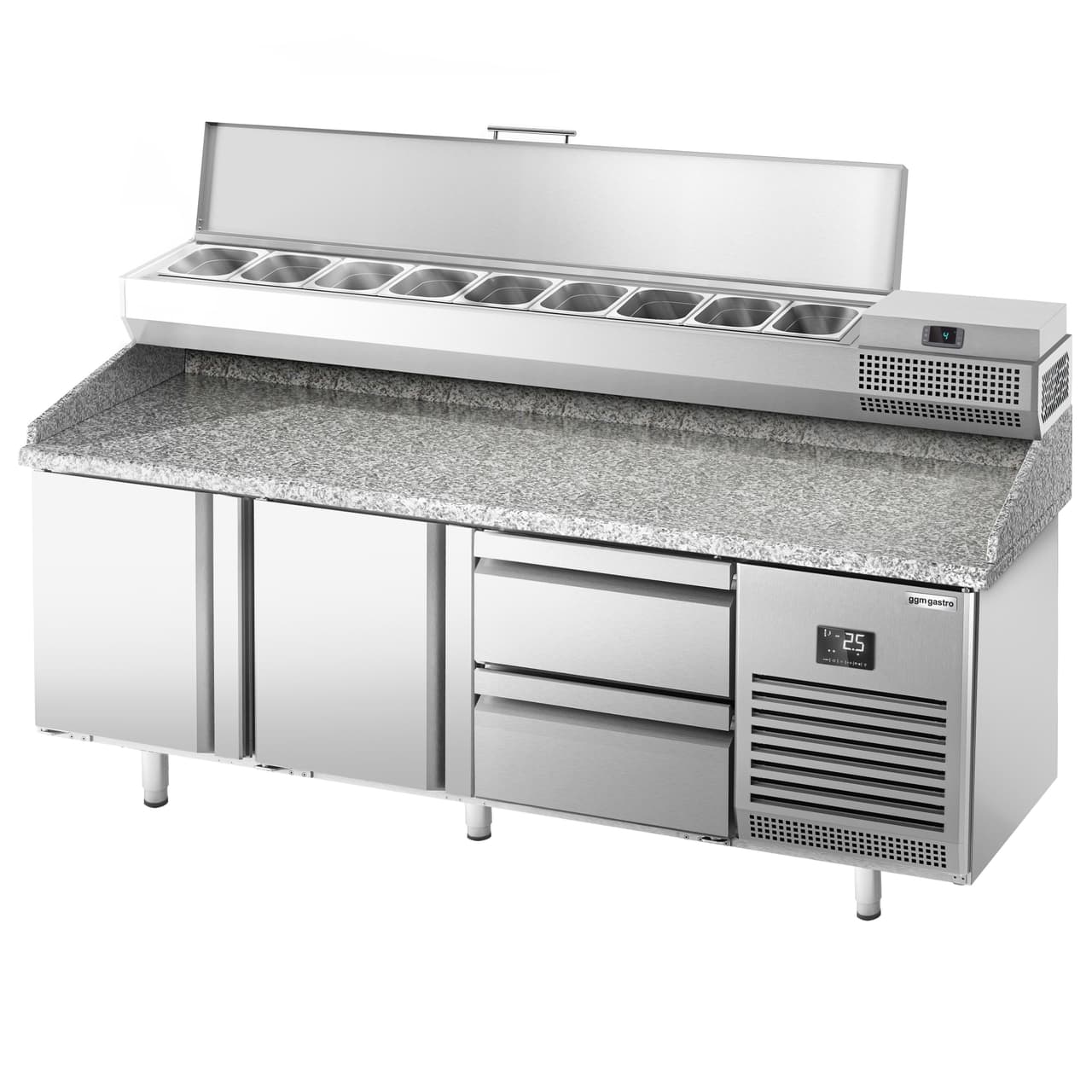 Pizza preparation table Premium PLUS- 1980x700mm - with 2 doors & 2 drawers - incl. refrigerated display case - 9x GN 1/4