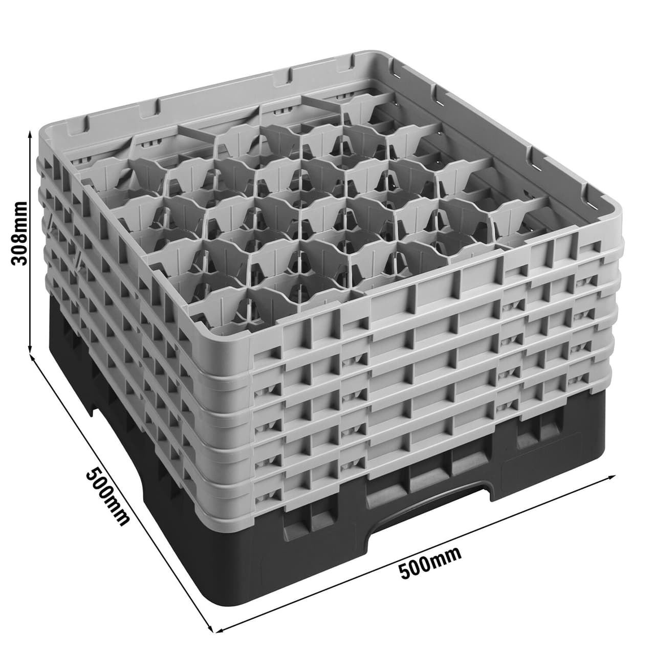 CAMBRO | CAMRACK® - Koš na sklo 1/1 s 5 nástavci - 500x500mm - 20 přihrádek - černý