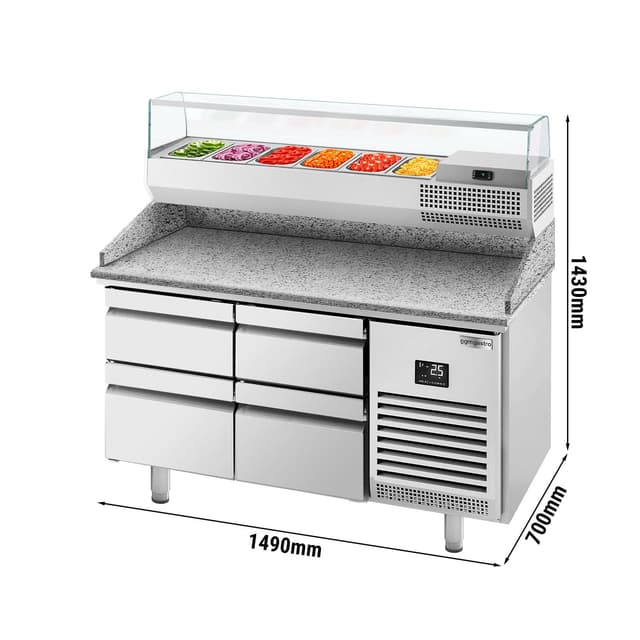 Pizza preparation table Premium PLUS - 1490x700mm - with 4 drawers - incl. refrigerated display case - 6x GN 1/4