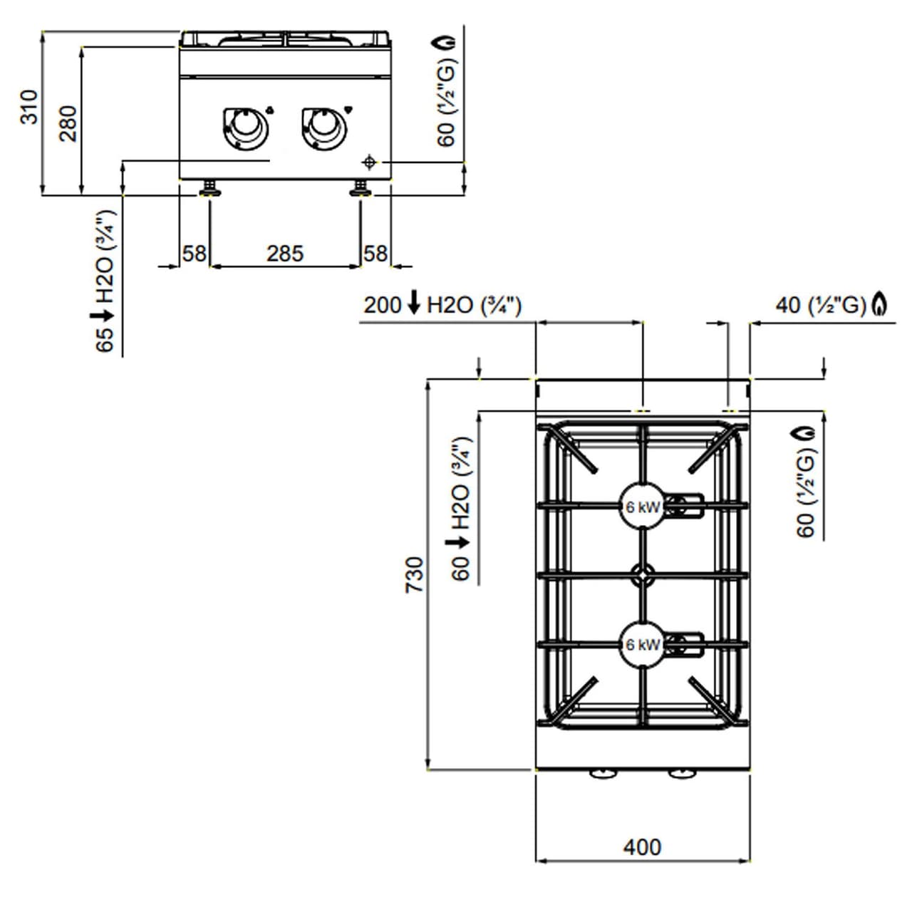 Plynový sporák - se 2 hořáky (12 kW)