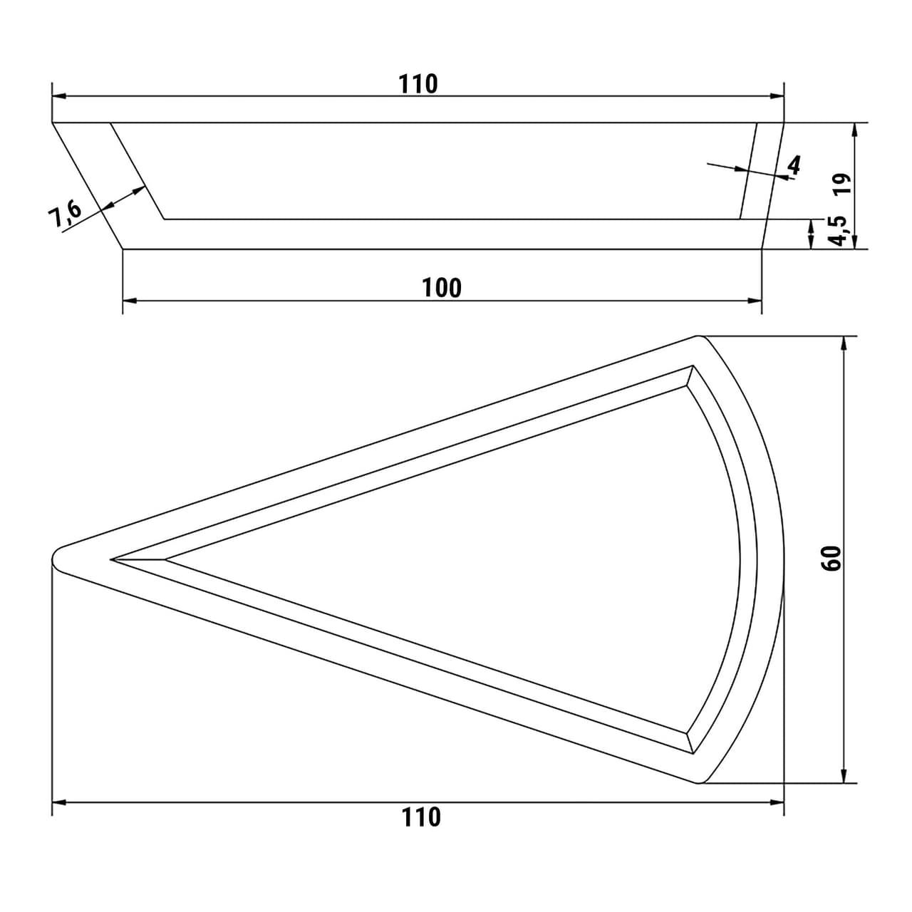 Forma pro stroj na tartaletky - Tvar: kousek dortu - nahoře: 110 x 60 mm, dole: 100 x 48 mm / výška: 20 mm