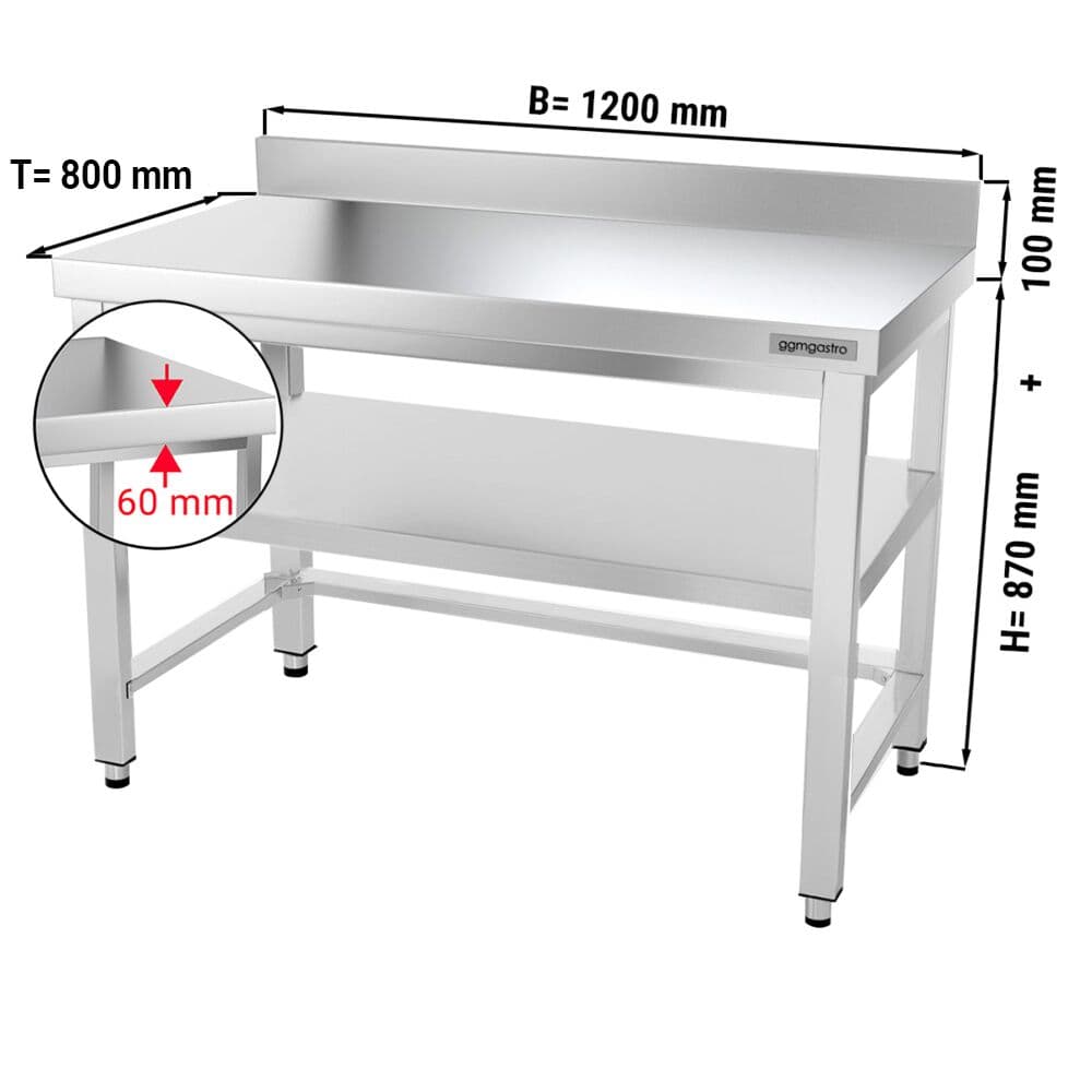 Edelstahl Arbeitstisch PREMIUM - 1200x800mm - mit Grundboden, Aufkantung & Verstrebung