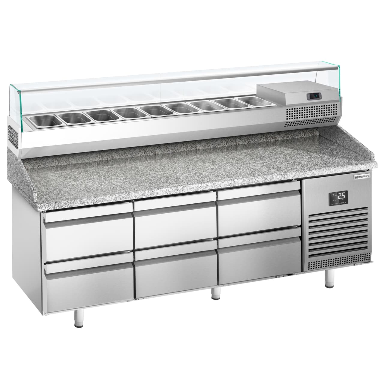 Pizza preparation table Premium PLUS - 1980x700mm - with 6 drawers - incl. refrigerated display case - 9x GN 1/4