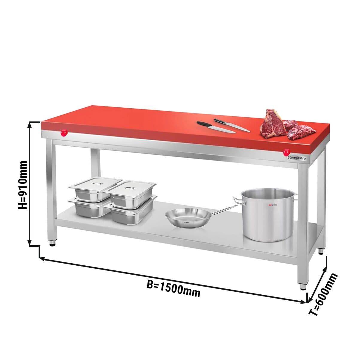 Worktable PREMIUM Stainless steel- 1500x600mm - with undershelf without backsplash incl. cutting plate