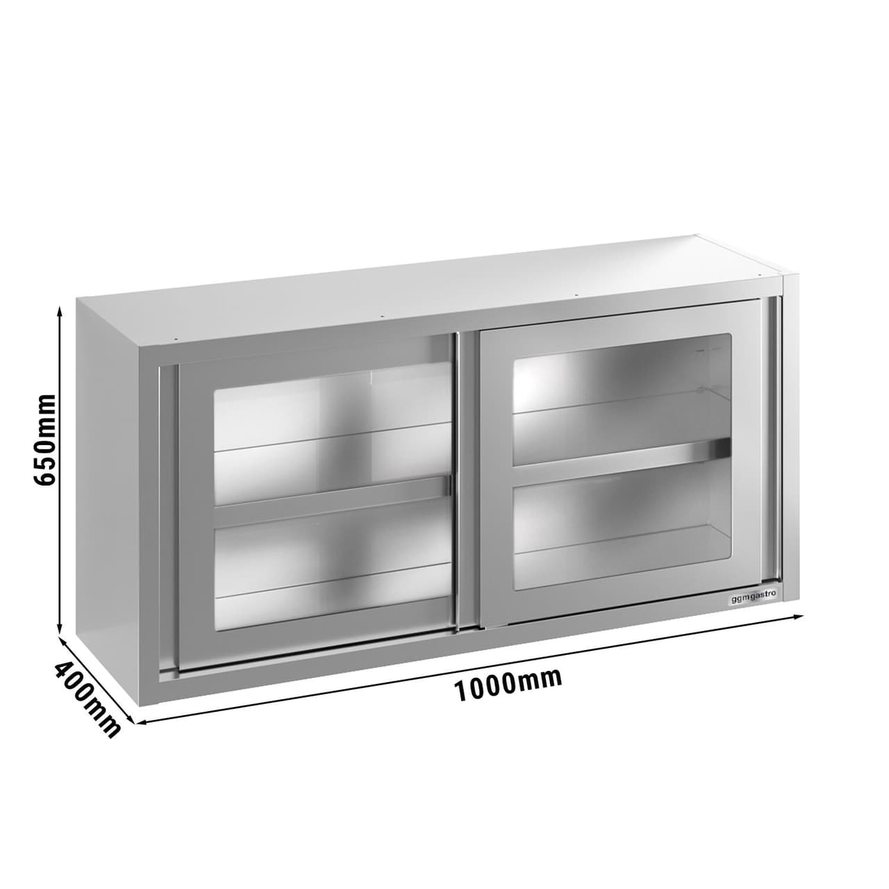 Stainless steel wall cabinet - 1000x400mm - with sliding glass door - 650mm high