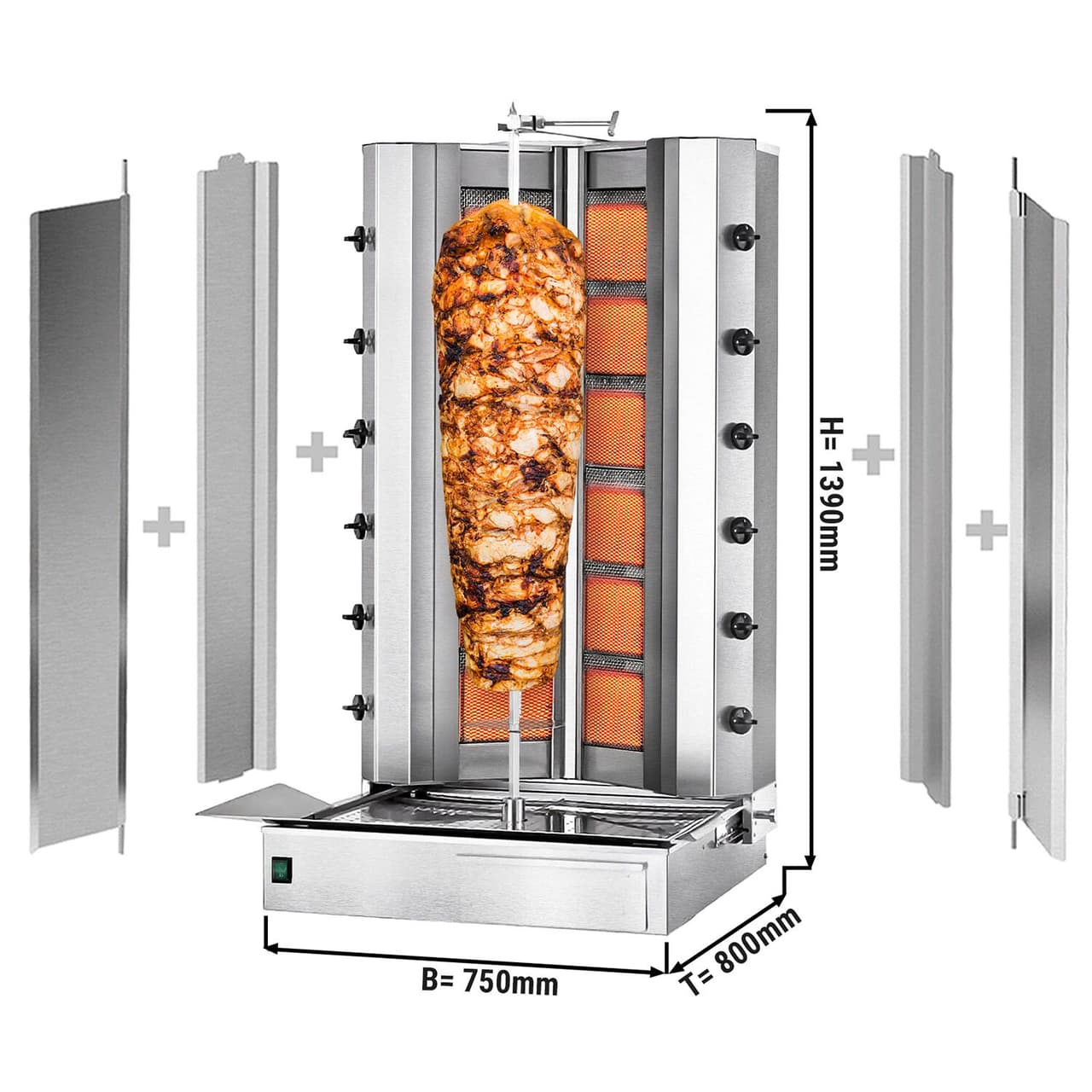 Gril na gyros/kebab - 6+6 hořáků - max. 150 kg (ve tvaru V)