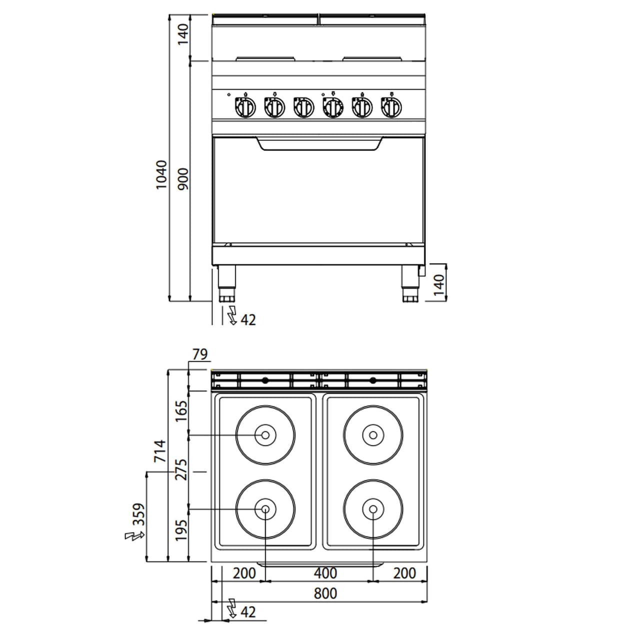 Elektroherd - 10,4 kW - 4 Platten Rund - inkl. Elektroofen Statisch - 7,5 kW