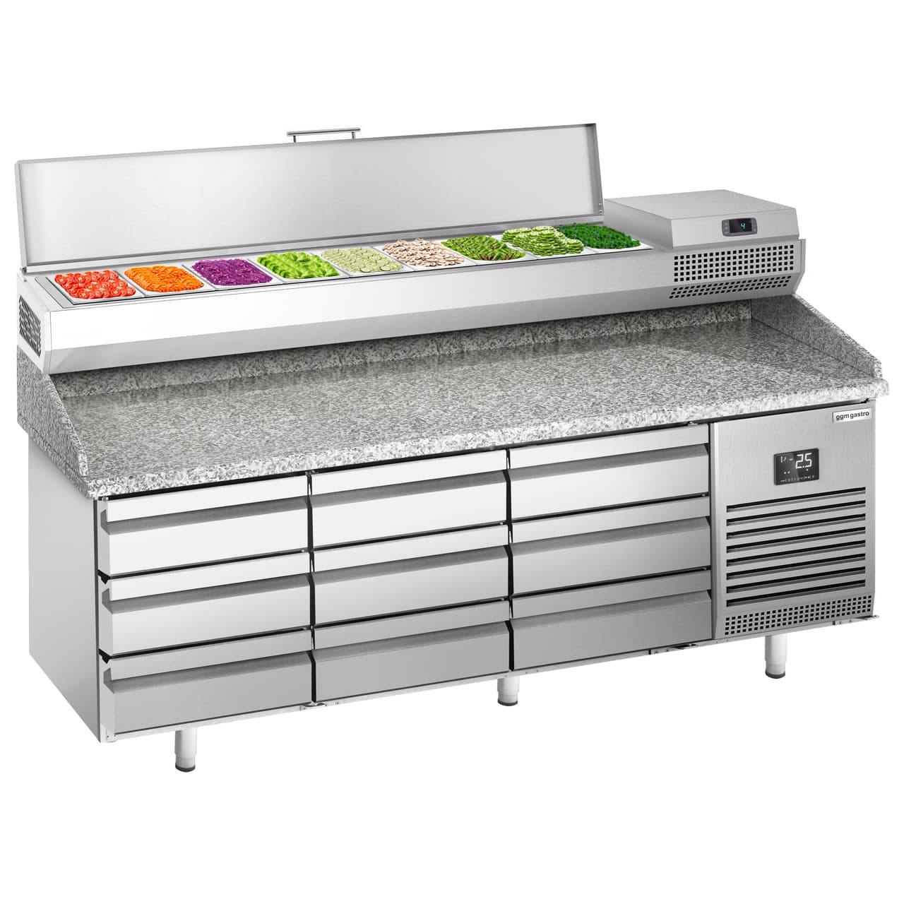 Pizza preparation table Premium PLUS - 1980x700mm - with 9 drawers - incl. refrigerated display case - 9x GN 1/4