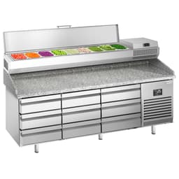 Pizza preparation table Premium PLUS - 1980x700mm - with 9 drawers - incl. refrigerated display case - 9x GN 1/4