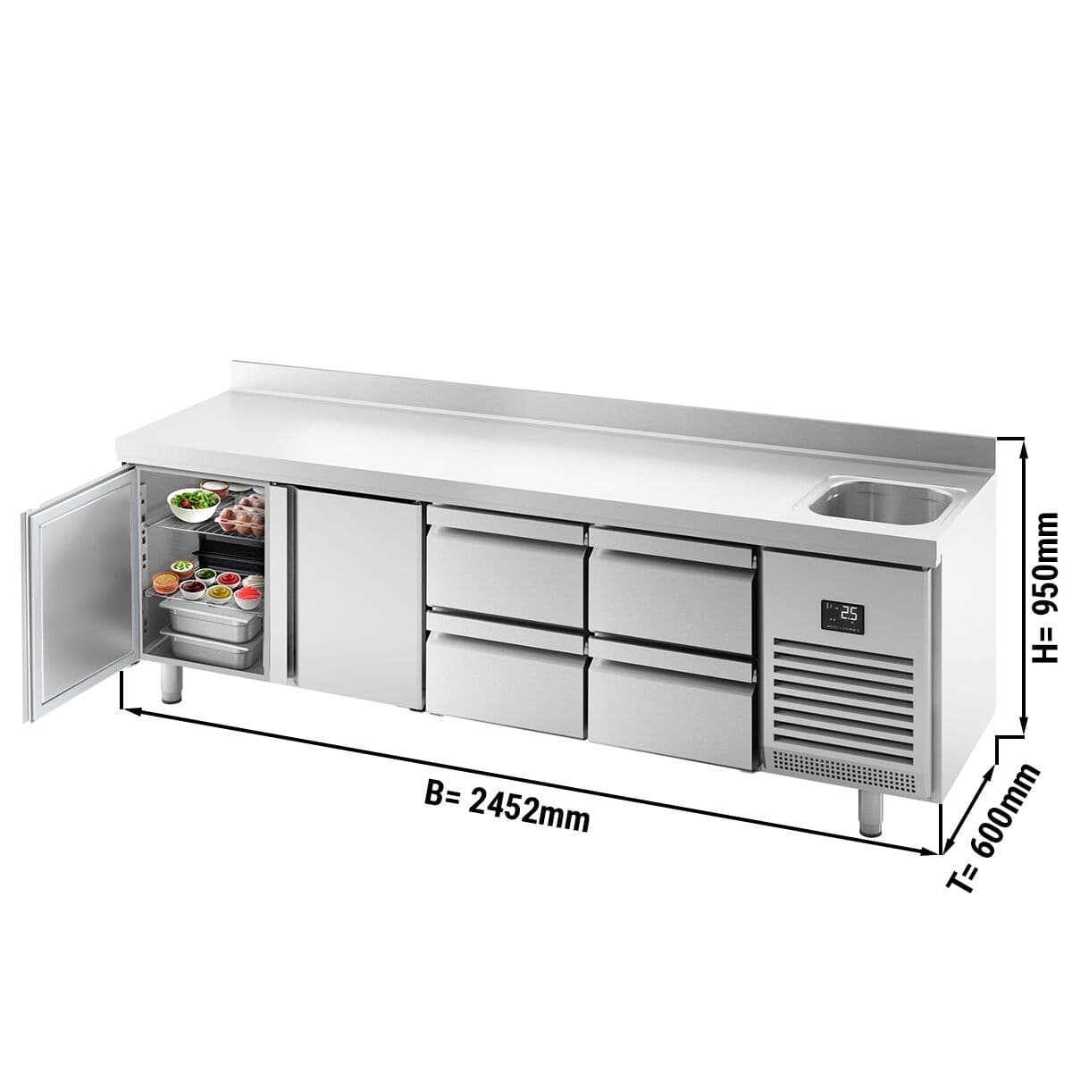 Refrigerated counter Premium PLUS - 2452x600mm - with 1 sink, 2 doors, 4 drawers & backsplash