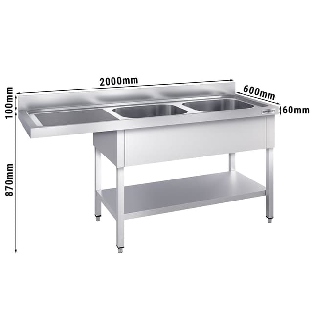 Spülmaschinen-Spültisch - 2000x600mm - mit 2 Becken rechts