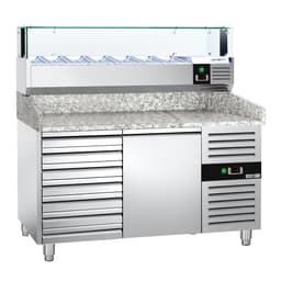 Pizzakühltisch PREMIUM - 1500x800mm - mit 1 Tür & 7 Schubladen - inkl. Kühlaufsatzvitrine LED - 7x GN 1/4