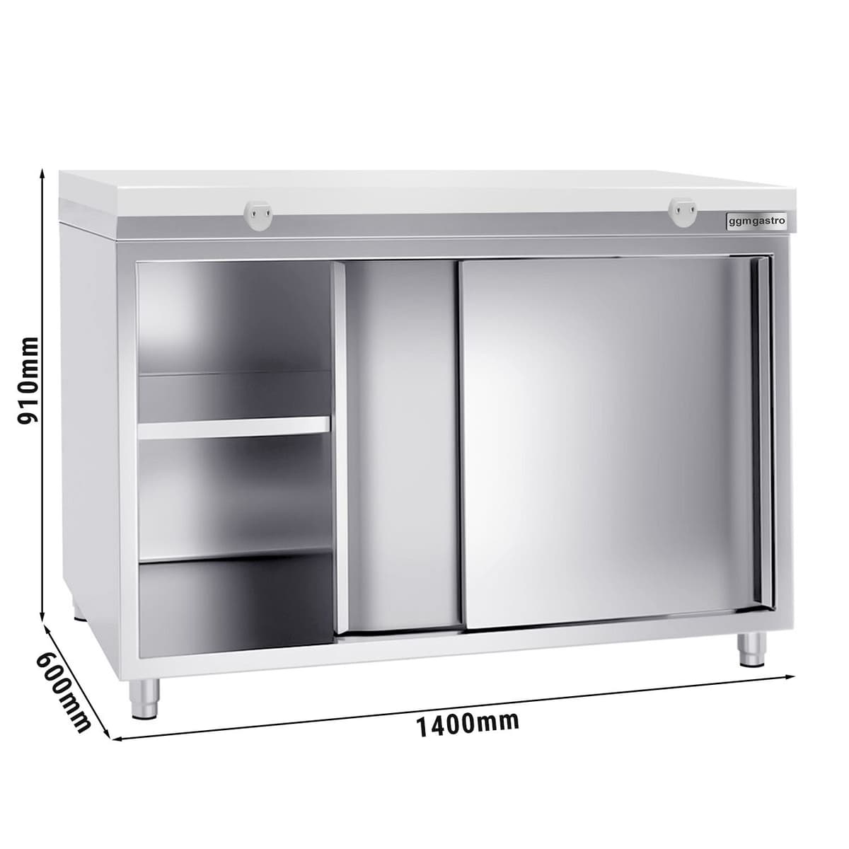 Stainless steel work cabinet PREMIUM - 1400x600mm - with sliding door without backsplash incl. cutting plate