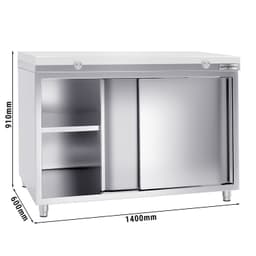 Stainless steel work cabinet PREMIUM - 1400x600mm - with sliding door without backsplash incl. cutting plate