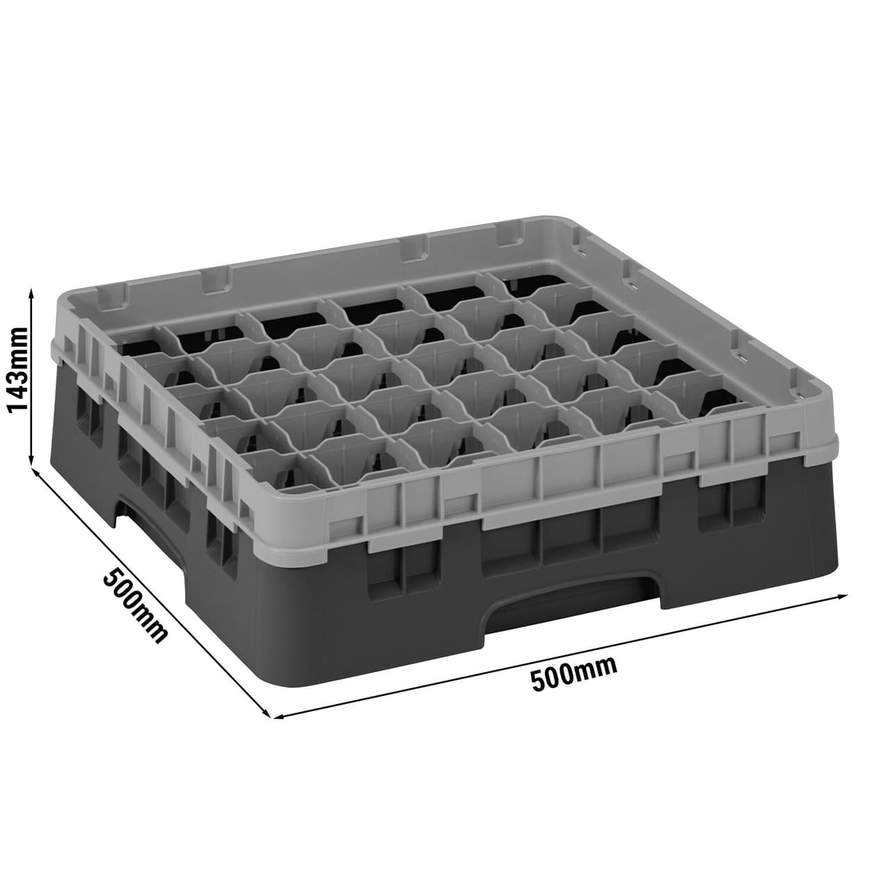 CAMBRO | CAMRACK® - Koš na sklo 1/1 s 1 nástavcem - 500x500mm - 36 přihrádek - černý