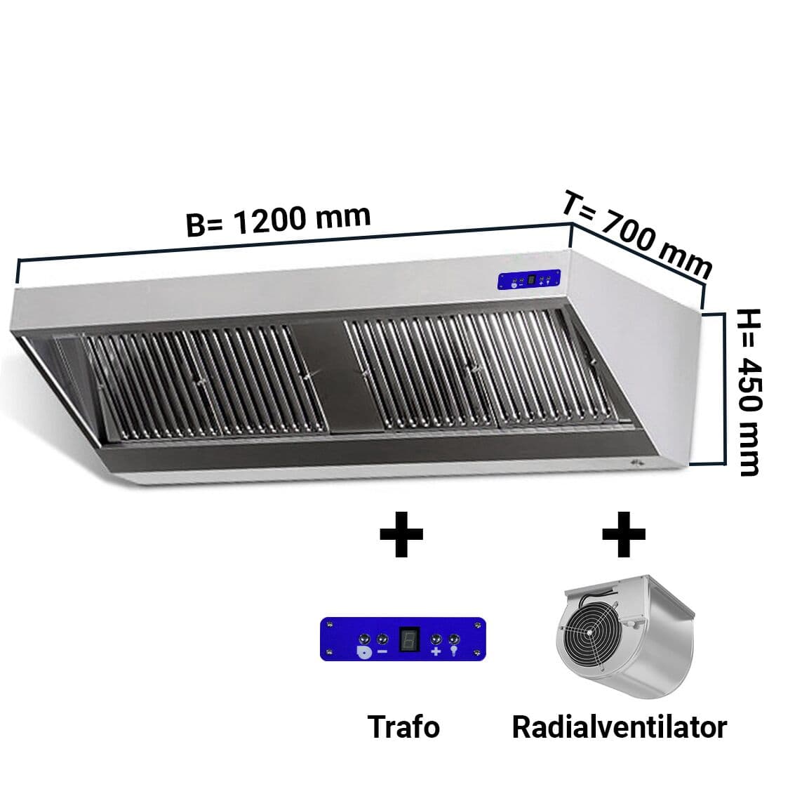 Wandhaube - 1200mm - mit Motor, Regler, Filter & Lampe