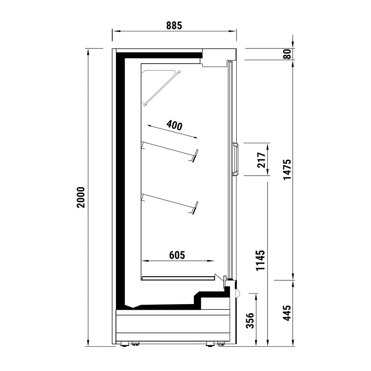 Přístěnný chladicí regál bílý - 1,96 x 0,88 m - se 2 policemi & zrcadlem