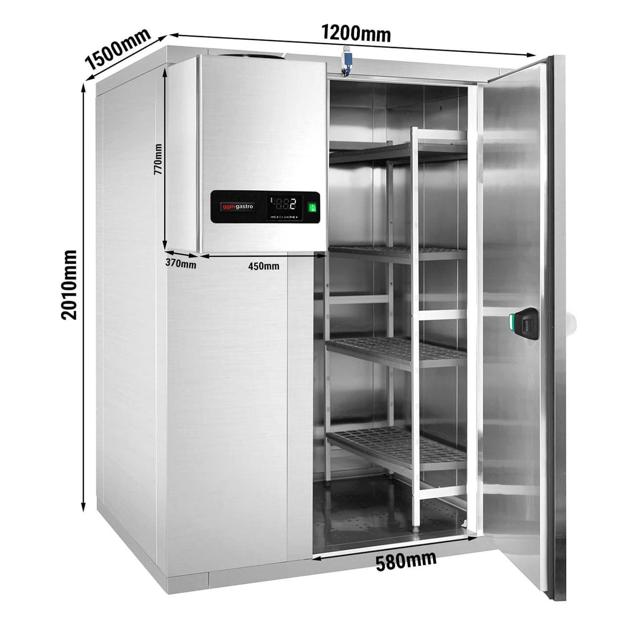 Stainless steel cold room - 1200x1500mm - 2.6m³ - incl. cooling unit