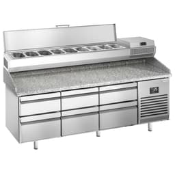 Pizza preparation table Premium PLUS- 1980x700mm - with 6 drawers - incl. refrigerated display case - 9x GN 1/4