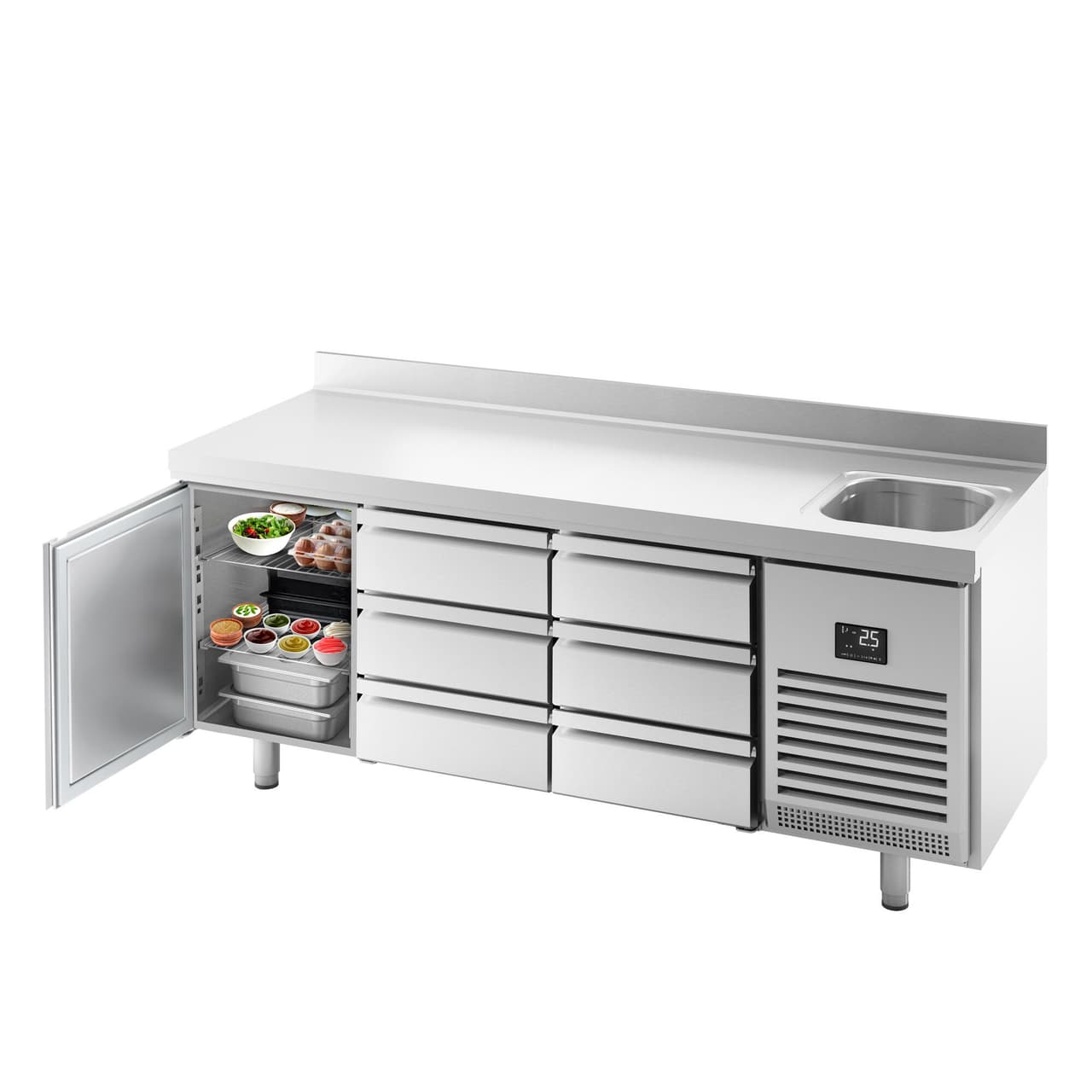 Refrigerated counter Premium PLUS - 1960x600mm - with 1 sink, 1 door, 6 drawers & backsplash