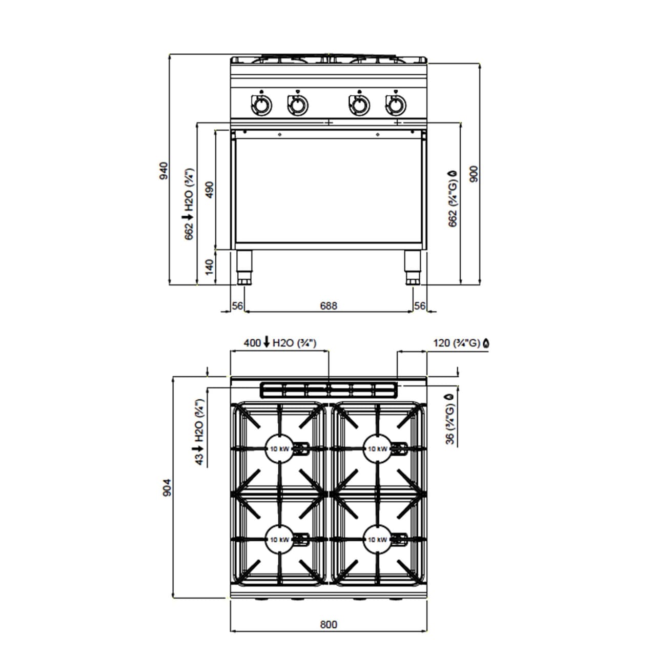 Plynový sporák - se 4 hořáky - 40 kW - vysoce výkonný model