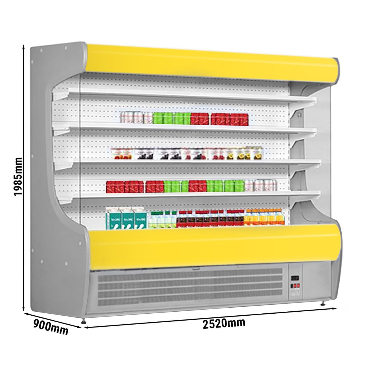 Přístěnný chladicí regál - 2520 mm - s LED osvětlením a 4 policemi - žlutý čelní panel