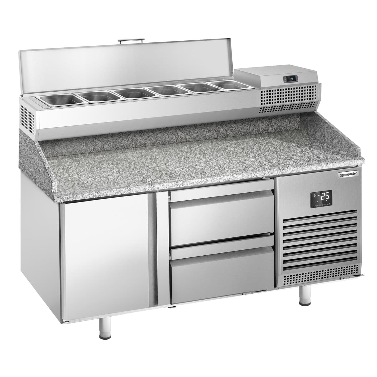 Pizza preparation table Premium PLUS - 1490x700mm - with 1 door & 2 drawers - incl. refrigerated display case - 6x GN 1/4