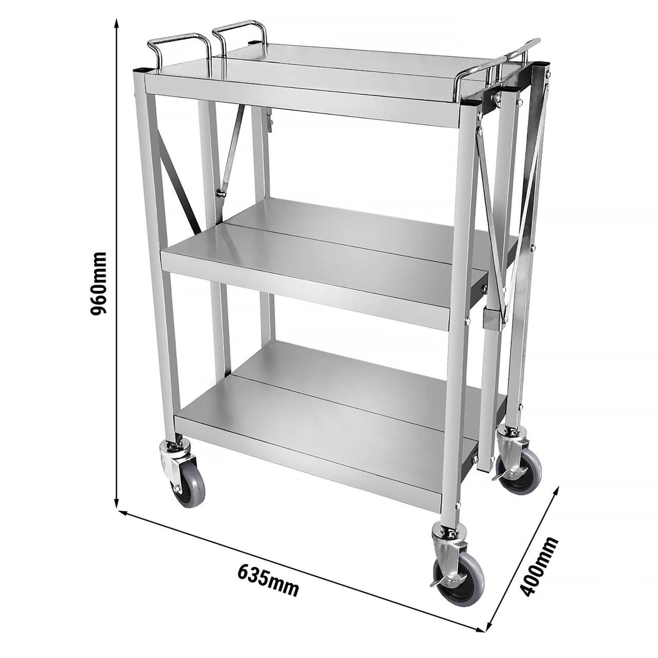 Serving trolley - foldable - 635x400mm - with 3 shelves