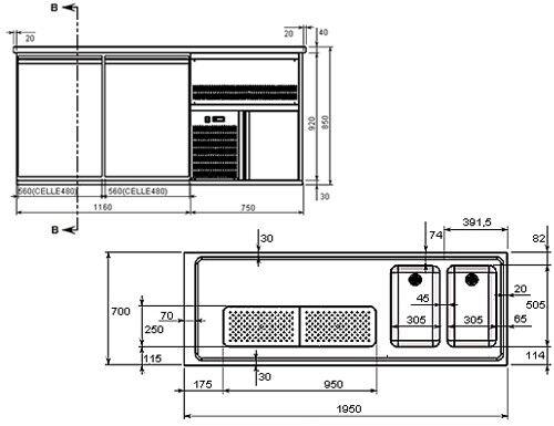 Výčepní pult 1,95 x 0,7 m - se 2 skleněnými dveřmi