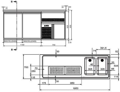 Výčepní pult 1,95 x 0,7 m - s 1 skleněnými dveřmi & 2 šuplíky 2/5 + 3/5