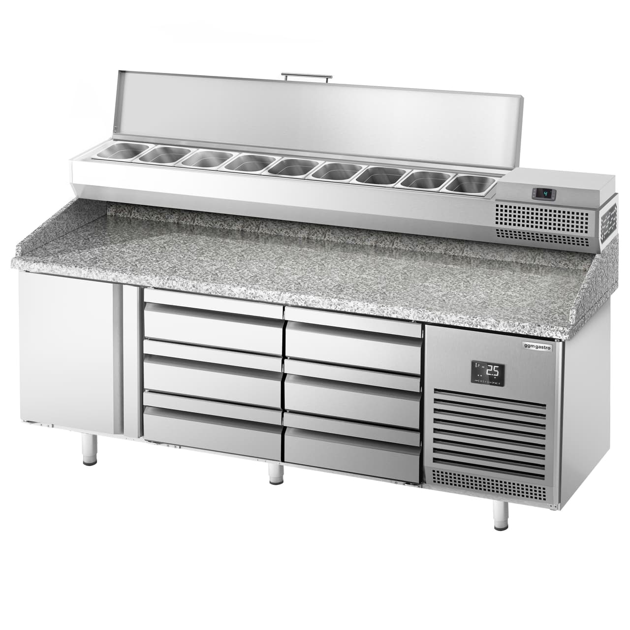 Pizza preparation table Premium PLUS- 1980x700mm - with 1 door & 6 drawers - incl. refrigerated display case - 9x GN 1/4