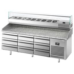 Pizza preparation table Premium PLUS - 1980x700mm - with 9 drawers - incl. refrigerated display case - 9x GN 1/4