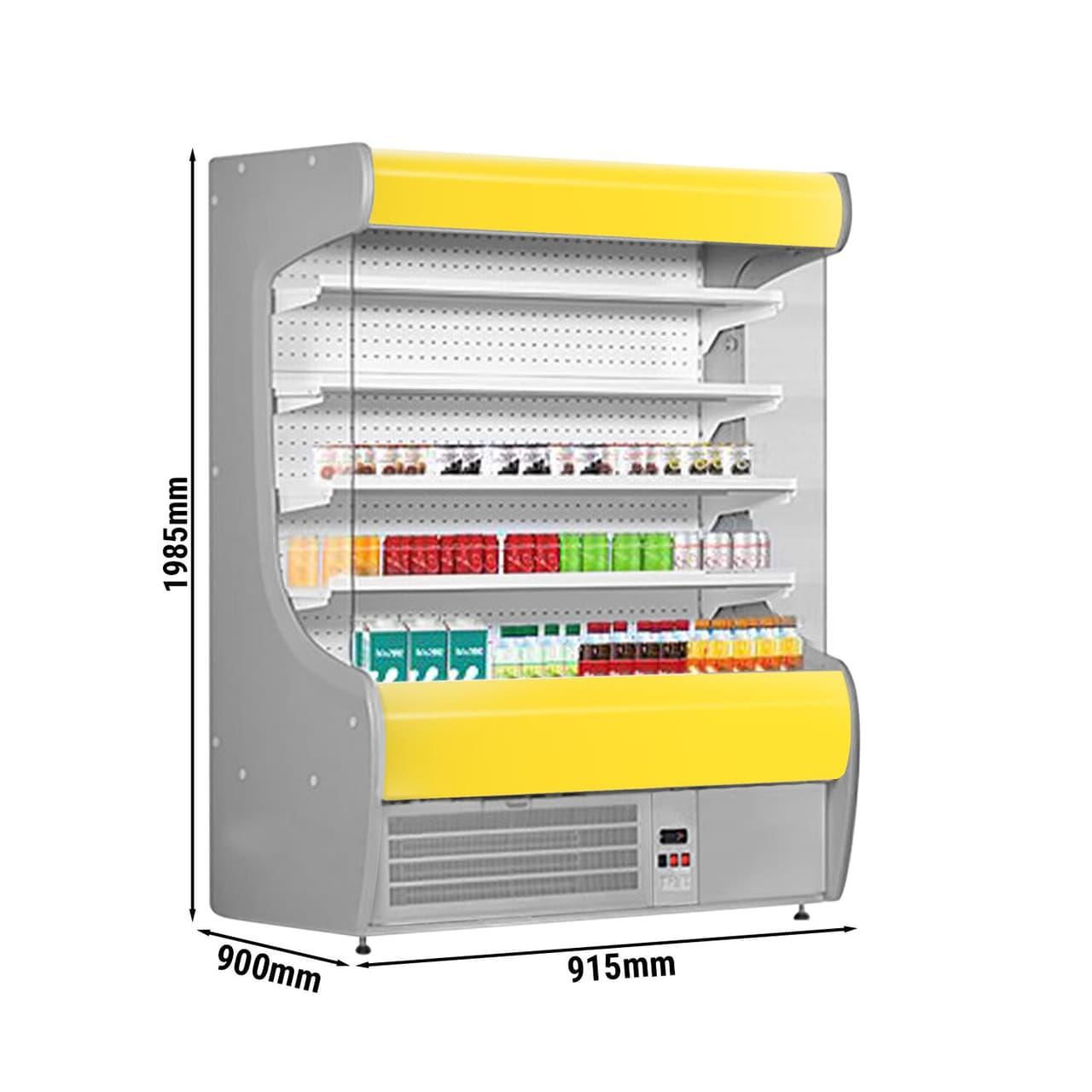 Přístěnný chladicí regál - 915 mm - s LED osvětlením a 4 policemi - žlutý čelní panel