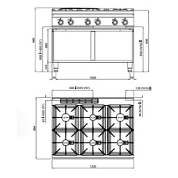 Plynový sporák - se 6 hořáky - 44 kW